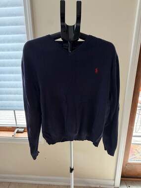 Polo Ralph Lauren Pima Cotton V-Neck Sweater Navy Blue with Red Pony Logo
